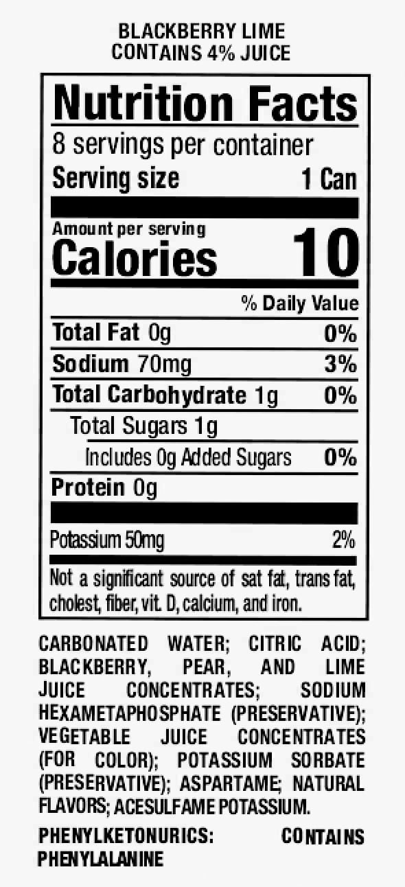 Blackberry Lime Nutrition Facts Panel