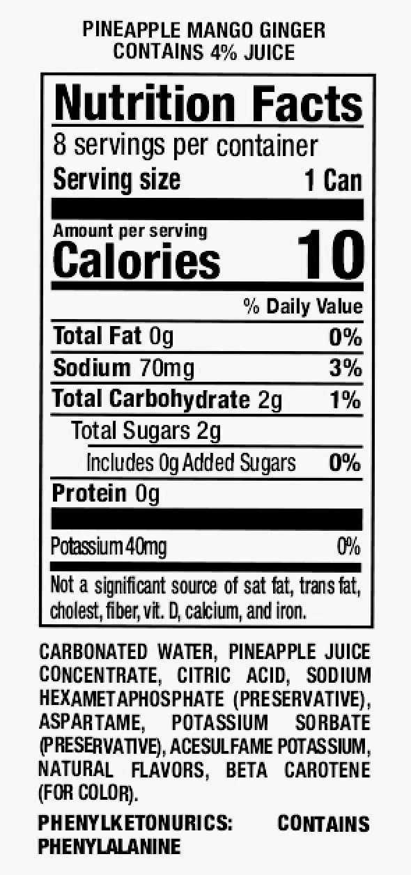 Pineapple Mango Ginger Nutrition Facts Panel